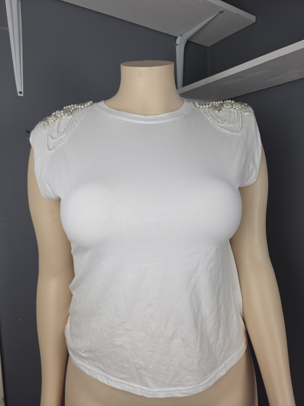 White Women's Tee with Beaded Shoulder Detail